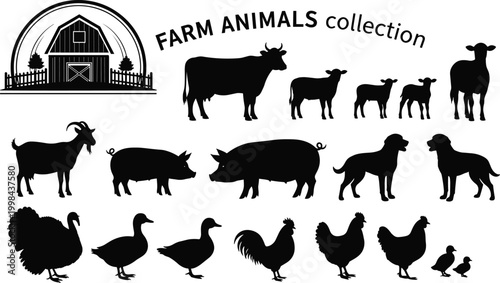 Set of farm animal silhouettes, barnyard livestock collection with cow, pig, goat, sheep, poultry, dog, and farmhouse icon for rural design