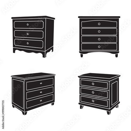Four black and white chest of drawers in different styles and designs  furniture  bedroom  home decor  interior  dresser  cabinet  drawer  nightstand  chest