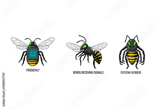 Futuristic Cybernetic Bee Robot Set, Mechanical Insect Concept with Screen and Digital Signal Technology, Artificial Intelligence Bionic Bee Art