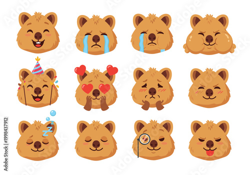 Funny Quokka Character Emoticons Set with Various Expressions, Cute Marsupial Mascot Feeling Happy Sad Crying Angry Sleeping and In Love Stickers