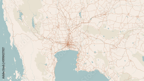 Modern minimalist vector map of Bangkok, Thailand. High-quality SVG illustration of Bangkok city grid, Chao Phraya River, and urban layout for posters, travel, and web design.