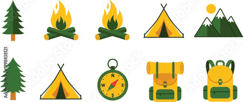 Colorful camping icons set a vibrant collection depicting outdoor adventure essentials and natural elements