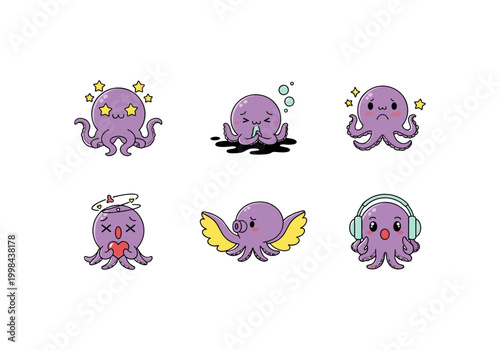 Purple Octopus Emoji Character Set with Different Emotions, Cute Sea Creature Icons Showing Love, Dizziness, Tiredness and Listening to Music Vector