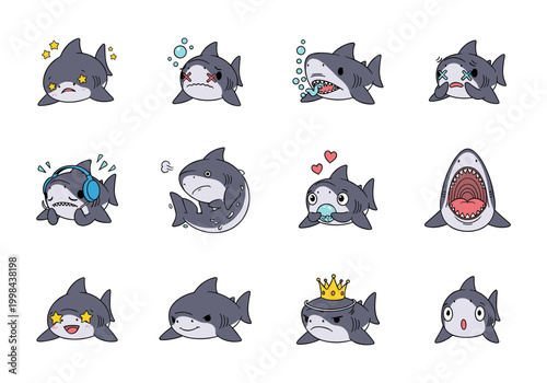 Funny Shark Character Emoticons Collection with Various Facial Expressions, Cute Great White Shark Mascot Feeling Angry, Sad, Happy and Surprised Vector