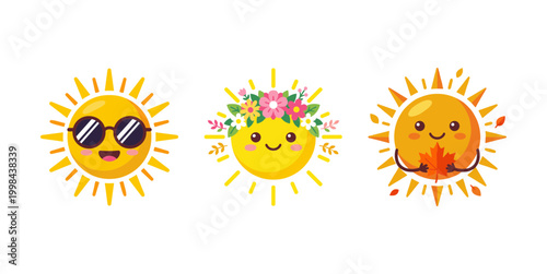 Sun Character Expressions Set, Cute Smiling Sunshine with Sunglasses, Flower Wreath and Autumn Leaf, Summer and Spring Season Weather Vector Icons