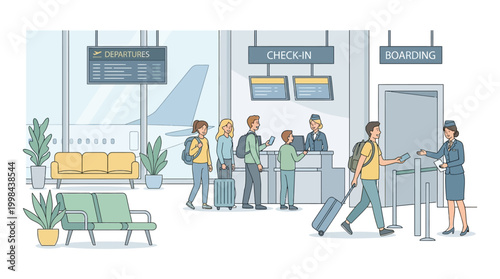 Illustration of people at an airport check-in and boarding gate with a plane in the background, featuring travel and tourism elements.