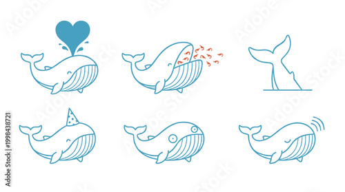 Simple Blue Whale Outline Icons Set, Cute Whale Spouting a Heart, Eating Krill, Wearing Party Hat and Swimming Underwater Vector Illustrations
