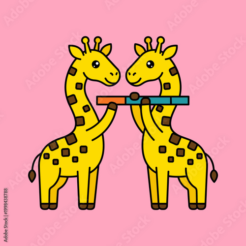 Cute Two Giraffes Holding Colorful Horizontal Bar Vector Illustration, Kawaii African Animals Flat Design, Love Heart Neck Shape Concept for Friendship and Cooperation Isolated on Pink Background