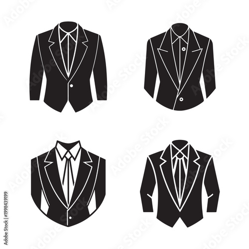 Four black and white illustrations of different mens suit jackets and shirts with ties  formal wear  business attire  fashion design elements