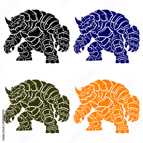 Powerful armored rhinoceros stone monsters in four colors perfect for gaming mascots esports logos and fantasy creature designs