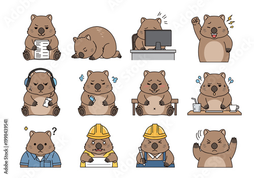 Wombat Character Various Professional Professions and Daily Life Activities Set, Animal Worker, Builder, Office Employee and Lazy Wombat Illustrations