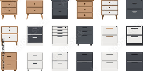 Drawer Cabinet Vector Set Featuring Multiple Nightstand And Office Storage Designs In Wood And Metal For Bedroom Organization And Furniture Graphic Designs
