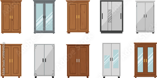 Wardrobe Vector Set Featuring Multiple Wooden And Metal Cabinet Designs With Glass Doors For Bedroom Storage Furniture Organization and Interior Graphic Designs