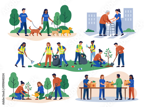 Volunteering and Community Support Concept Illustration. Diverse People Helping Others, Cleaning Environment, Planting Trees, Walking Dogs, and Food Donation Activity.
