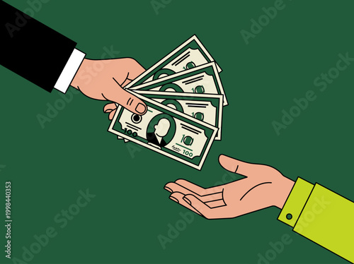 Business Transaction Illustration Showing a Hand Giving Cash to Another Person - Bribery, Corruption, Salary, or Payment Concept