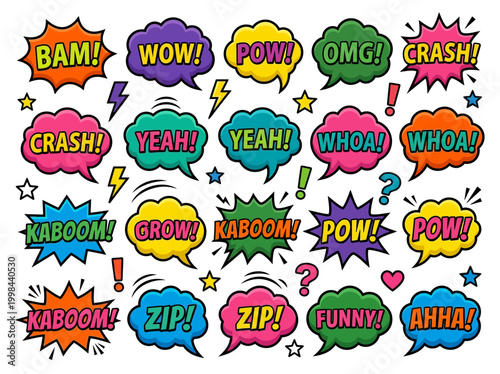 Colorful Comic Book Speech Bubbles Set with Sound Effects and Pop Art Onomatopoeia Expressions