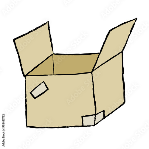 Hand drawn cardboard carton package sketch. Black line drawing, simple geometric shape, storage container outline. Delivery shipping concept. Isometric beige open box