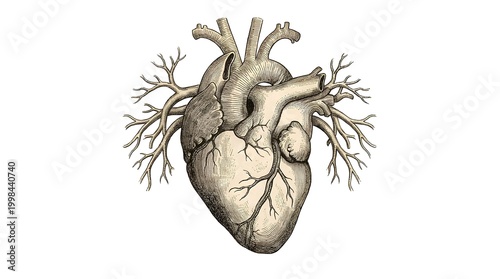 Anatomical illustration of a human heart with arteries and veins.