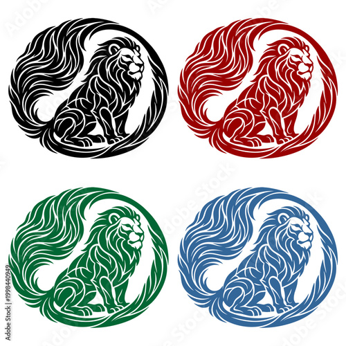 A collection of four circular lion logos in black red green and blue featuring a tribal style majestic sitting lion mascot for branding and graphic design projects