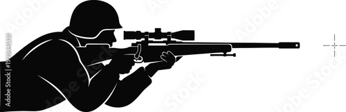 Foto Sniper aiming with rifle silhouette, military precision shooting concept, soldie
