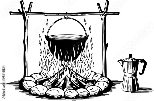 Camping pot hanging over campfire with moka pot vector illustration