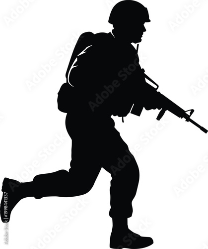 Foto Soldier running with rifle silhouette, military combat action pose, armed forces