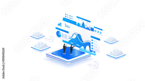 Isometric stock market trading analytics interface with buy and sell signals and financial charts.