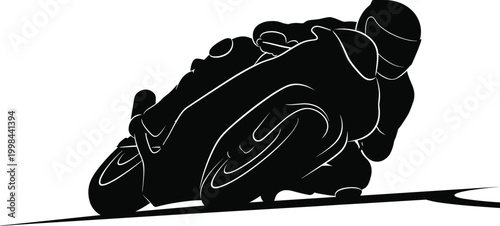 Sport motorcycle rider leaning into sharp curve on racetrack, dynamic racing silhouette, high speed motion, motorsport action, extreme sport concept illustration design