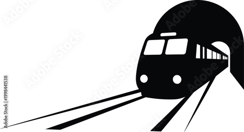 Train tunnel silhouette, subway metro front view, railway transportation icon, urban transit concept, locomotive entering tunnel, minimal black white vector illustration design