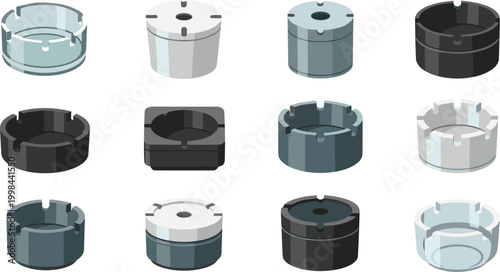 Selection of Various Modern Ashtrays Featuring Round and Square Shapes Made of Glass Ceramic and Metal for Smoking Areas and Home Tabletop Decoration