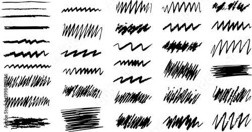 Collection of various hand drawn ink brush strokes and grunge texture lines for abstract design and artistic overlays
