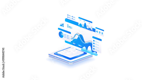 Isometric financial trading dashboard with buy and sell indicators and market data visualization.