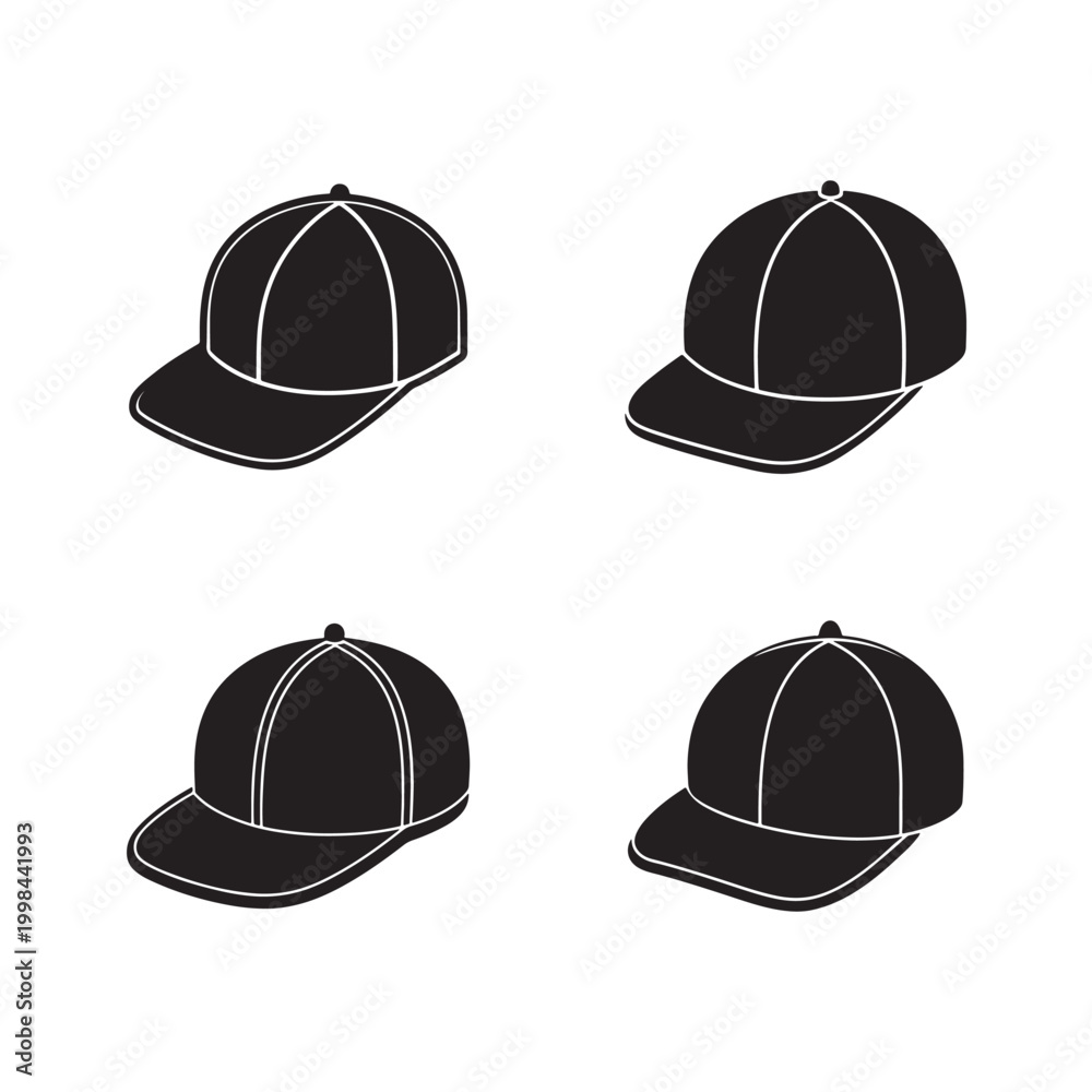 Fototapeta premium Four black baseball caps with white outlines in different angles and positions baseball caps with white lines black caps