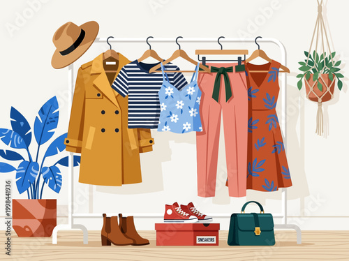 Modern Capsule Wardrobe Illustration Featuring Minimalist Women's Fashion on a Clothing Rack Vector