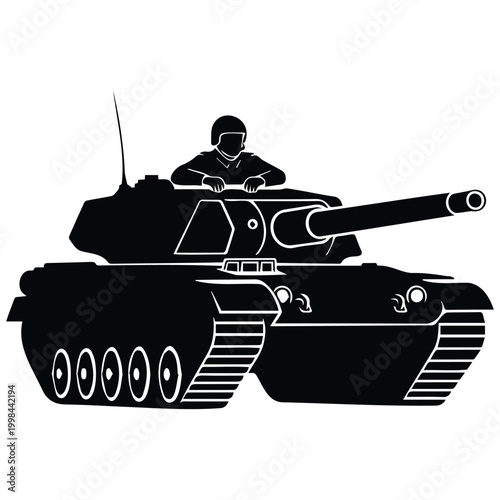 Modern battle tank silhouette illustration with commander vector line art army vehicle.