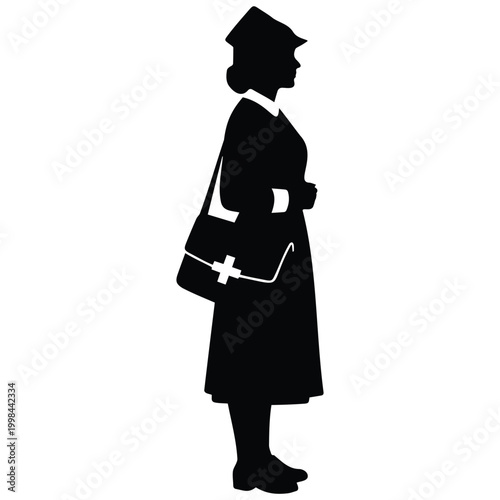 Vintage army nurse silhouette vector illustration of female medical professional on white.