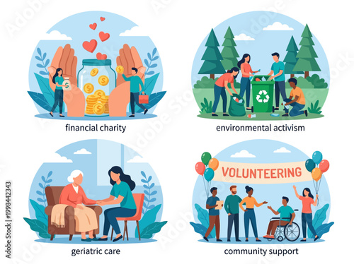 Community Volunteering and Social Responsibility Concept Illustrations: Financial Charity, Environmental Activism, Geriatric Care, and Local Community Support Vector Set