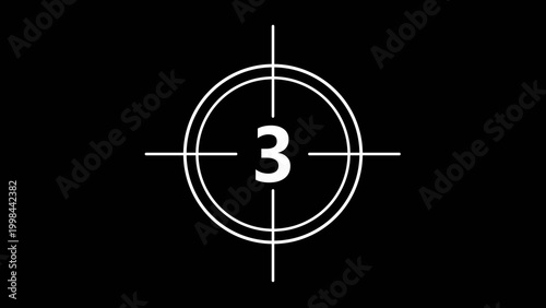 Cuadro en lienzo Classic film countdown frame featuring number 3 inside a target circle with crosshair lines on a black background