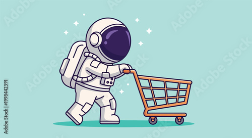 Cute astronaut character pushing an empty shopping cart illustration.