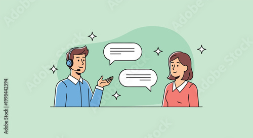 Customer service representative communicating with a client through speech bubbles illustration.