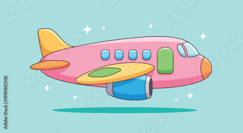 Cute cartoon airplane flying in the sky illustration.