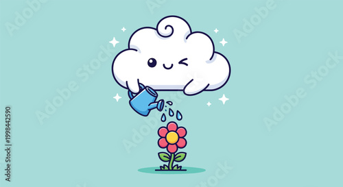 Cute cartoon cloud watering a happy little flower.