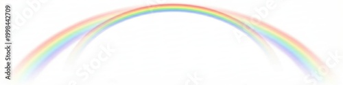 A vibrant rainbow gracefully arches across a pale white background, evoking serenity and natural beauty in a minimalist visual composition.