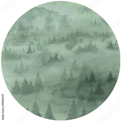 Watercolor forest evergreen landscape round clipart. Pine and fir hand painted circle illustration inspired by woodland trees perfect for eco nature design