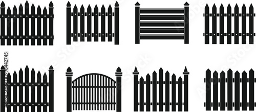 Collection of black wooden fence silhouette icons featuring various picket styles and garden gate designs isolated on white background for architectural vector projects.