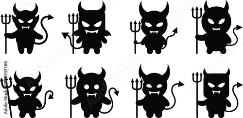 Collection of cute devil silhouette icons featuring little demons with horns and pitchforks isolated on white background for creative flat vector design projects.