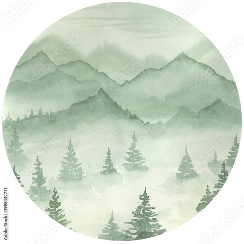 Watercolor forest evergreen landscape round clipart. Pine and fir hand painted circle illustration inspired by woodland trees perfect for eco nature design