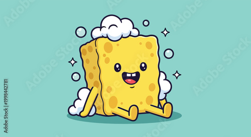 Cute cartoon sponge character with bubbles and sparkles.