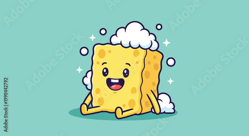 Cute cartoon sponge character with soap foam bubbles.