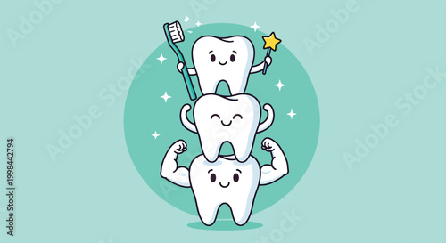 Cute cartoon teeth characters stacked together for dental health and hygiene illustration.